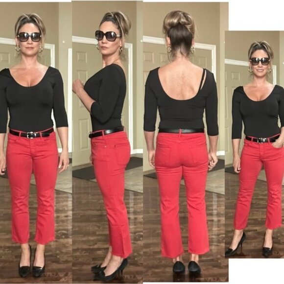 Anthropologie Pilcro and the Letterpress Coral Red Script Faded Crop Raw Hem 30 - Picture 6 of 16